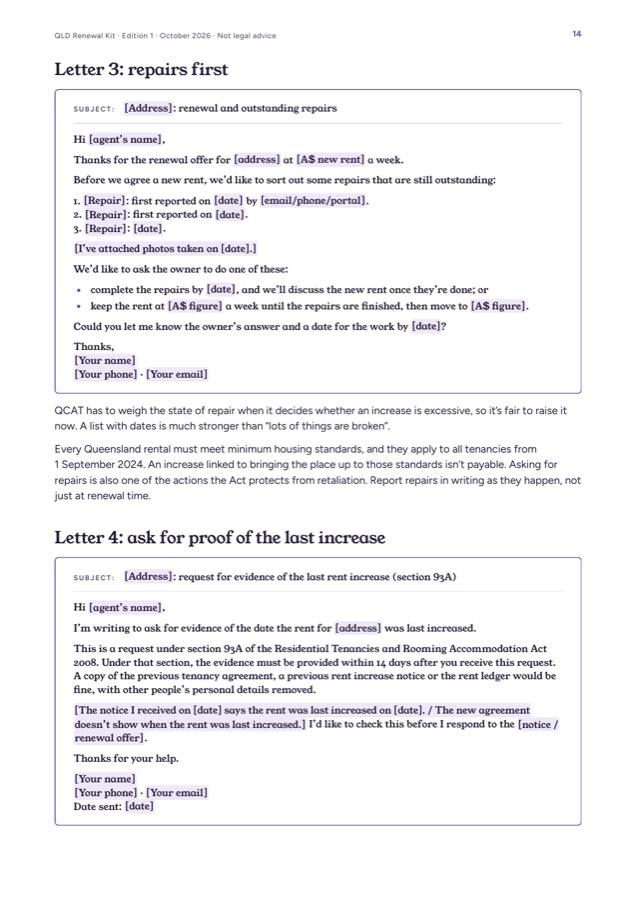 Kit page from chapter 3: Letter 4, a request for evidence of the last rent increase, set in a ruled box with the parts to edit highlighted.